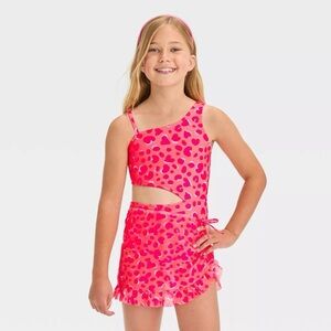 Cat & Jack Pink Girls' Leopard Spot Printed One Piece Swimsuit Set. Size S (6/7)